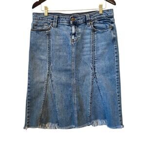 Old Navy Y2K Women’s Ultra Low Waist Denim Midi Skirt Sz 8 Stretch Distressed